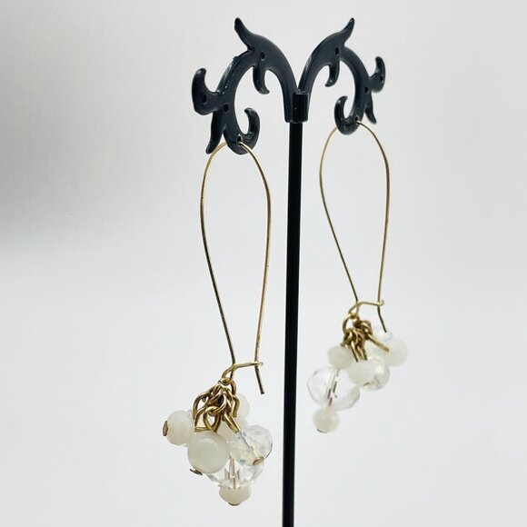 Gold Tone Drop Earrings White Bead Cluster Clear Crystal Dangle Modern - Picture 8 of 10